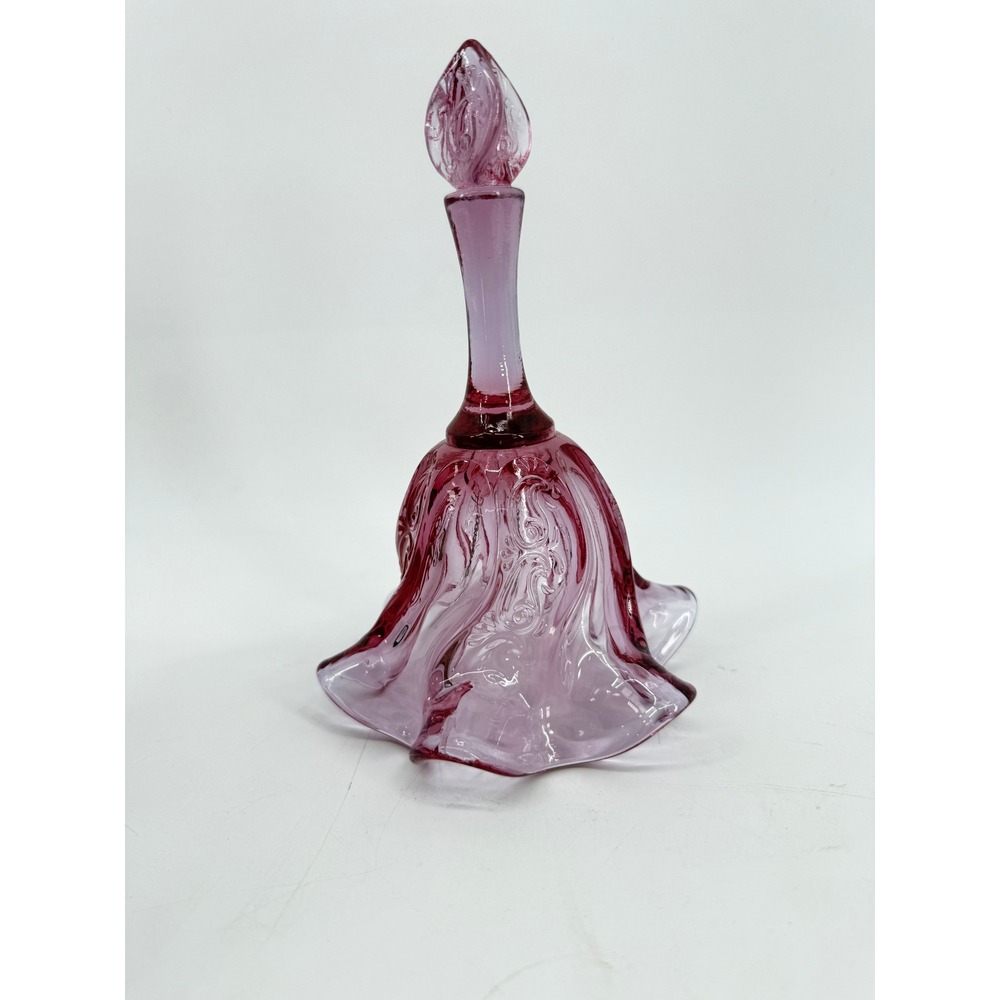 Fenton Glass Bell Art Glass Pink Cranberry Rose Floral Ruffled Handkerchief 6in